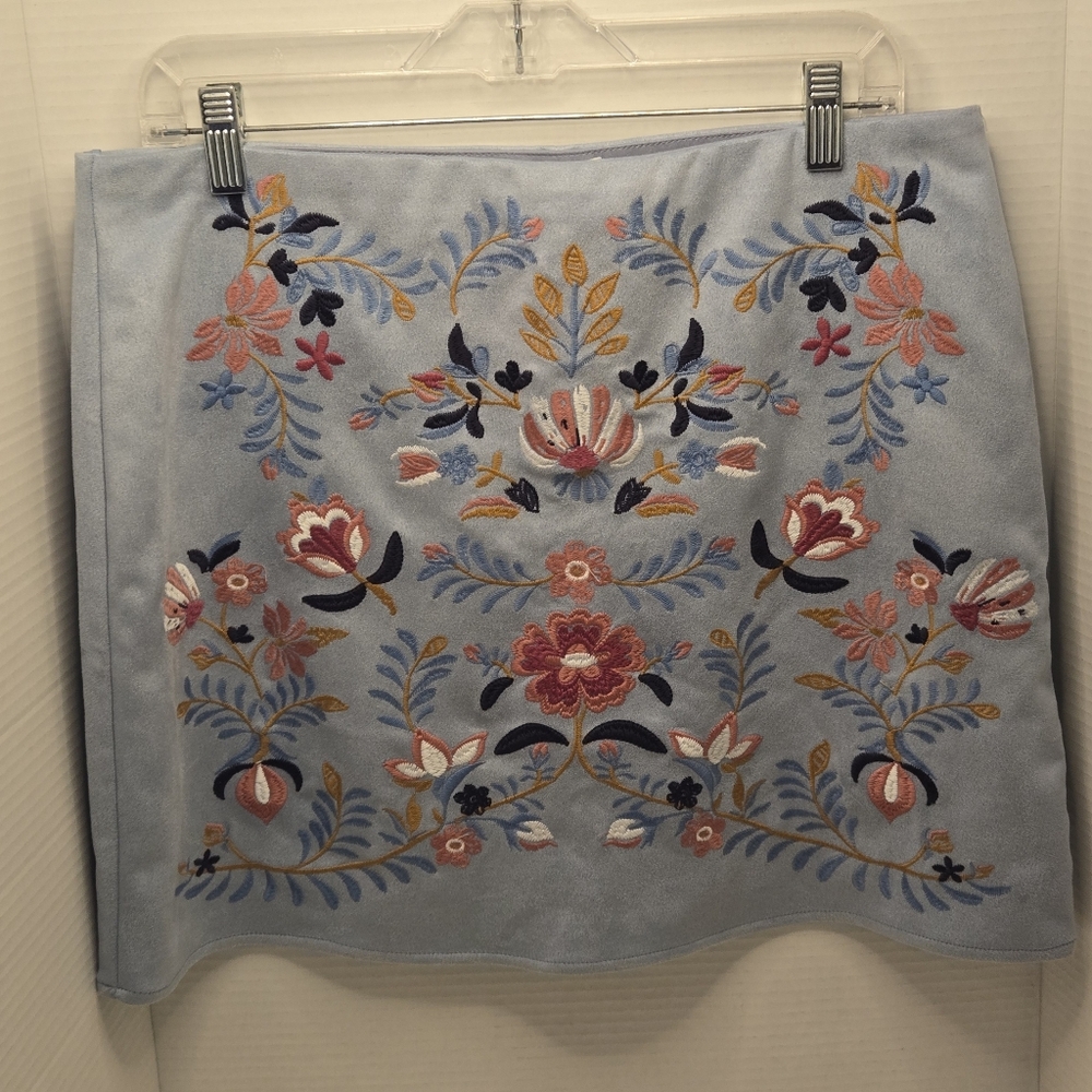 Altar'd State Julie Embroidered Mini Skirt Size XL Blue Floral Lined